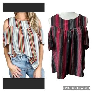 Monteau Striped Cold Shoulder Flutter Sleeve Short Sleeve Top